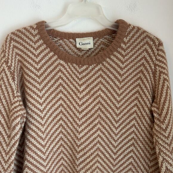Ganni Anthropologie Women’s wool angora blend chevron tan crew neck sweater XL - Picture 4 of 11